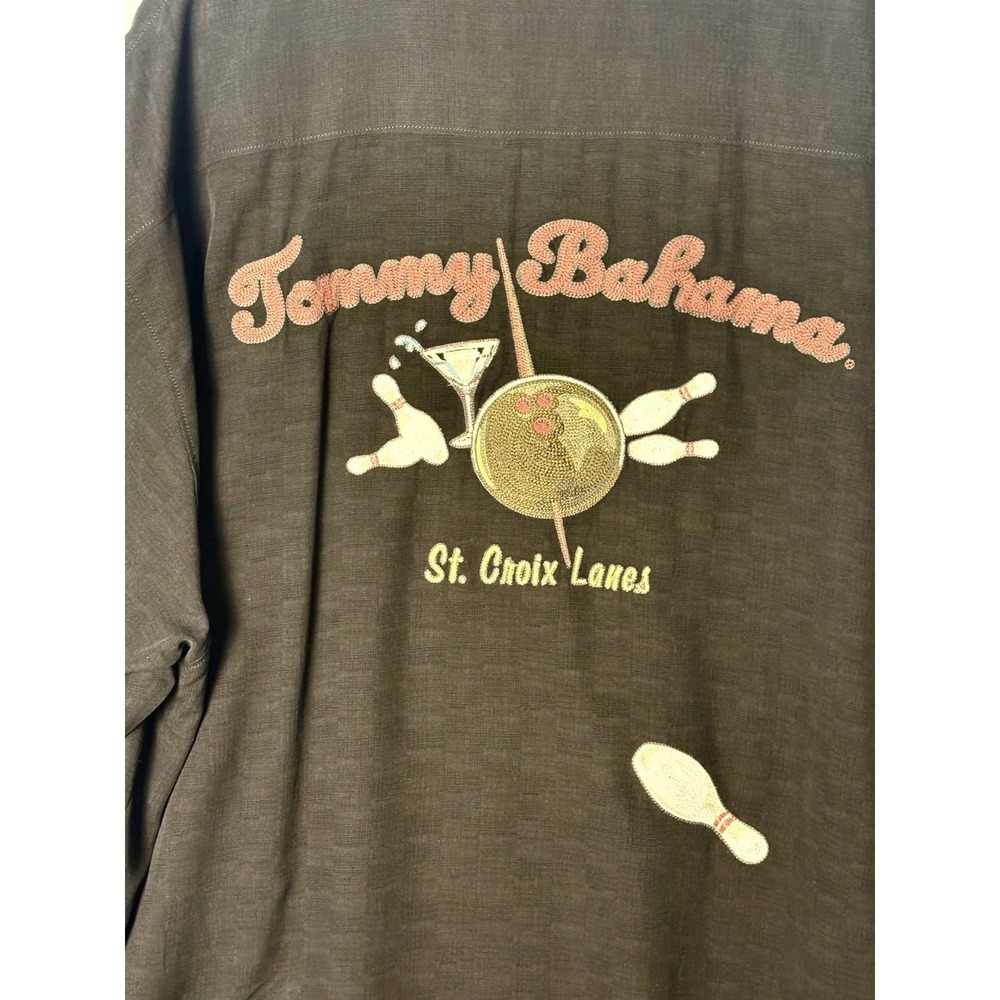 Vintage Tommy Bahama Black Silk Embroidered Camp Shirt Mens 2x La Croix Lanes